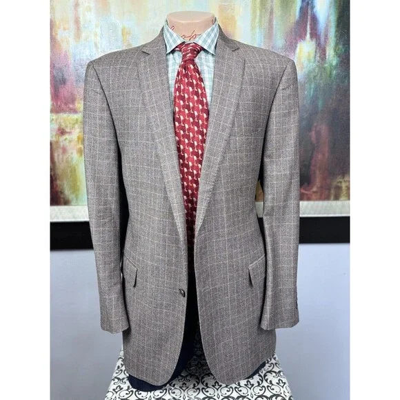J Hilburn Mens Brown Glen Check Soft Wool Blazer 46L MSRP $1299
